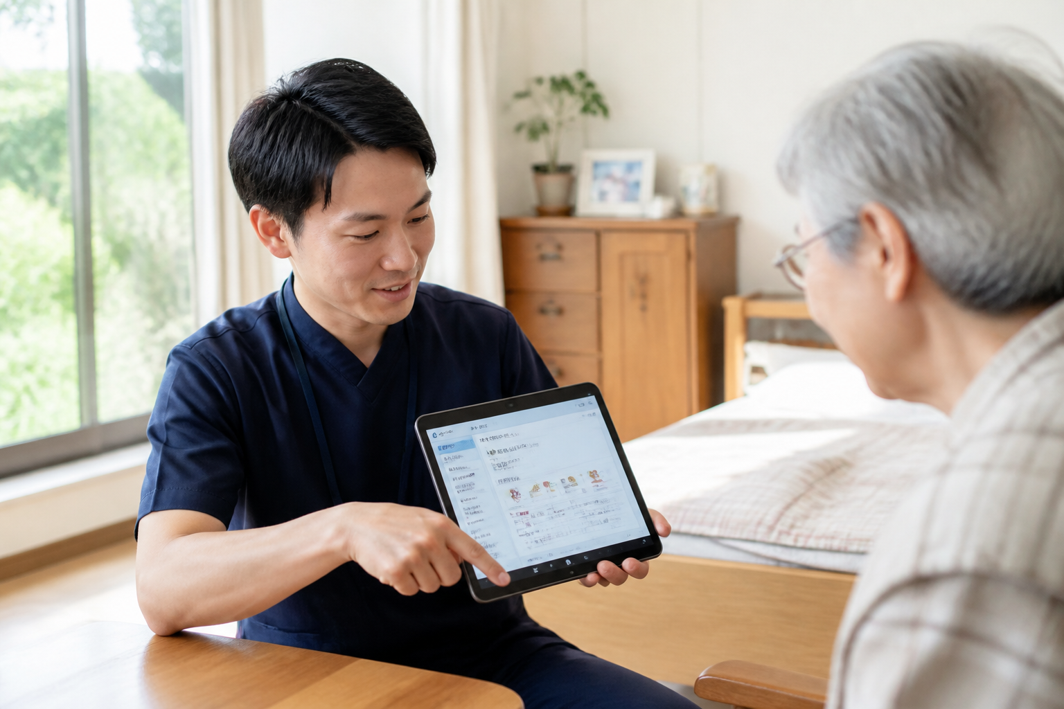 利用者宅でタブレットに記録を入力する訪問リハビリスタッフ