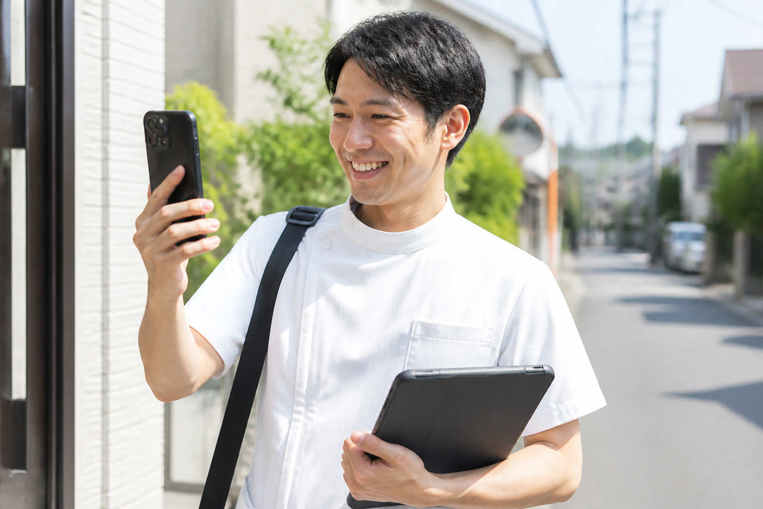 タブレットとスマートフォンでチームと連絡を取りながら直行直帰する訪問リハビリスタッフ