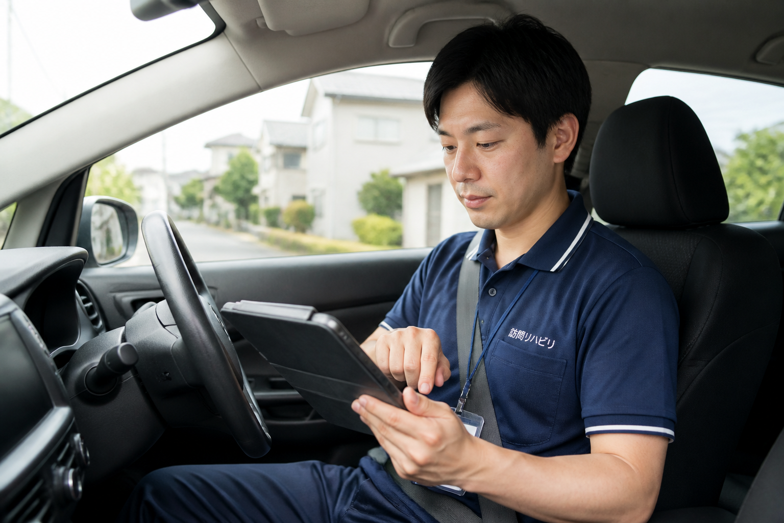 訪問リハビリの移動中にタブレットで記録を行う理学療法士