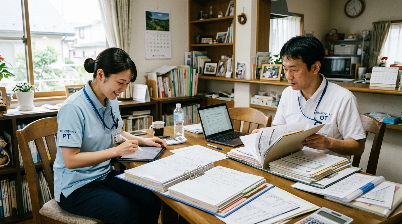 訪問リハビリスタッフが書類業務やタブレットで記録を行う場面