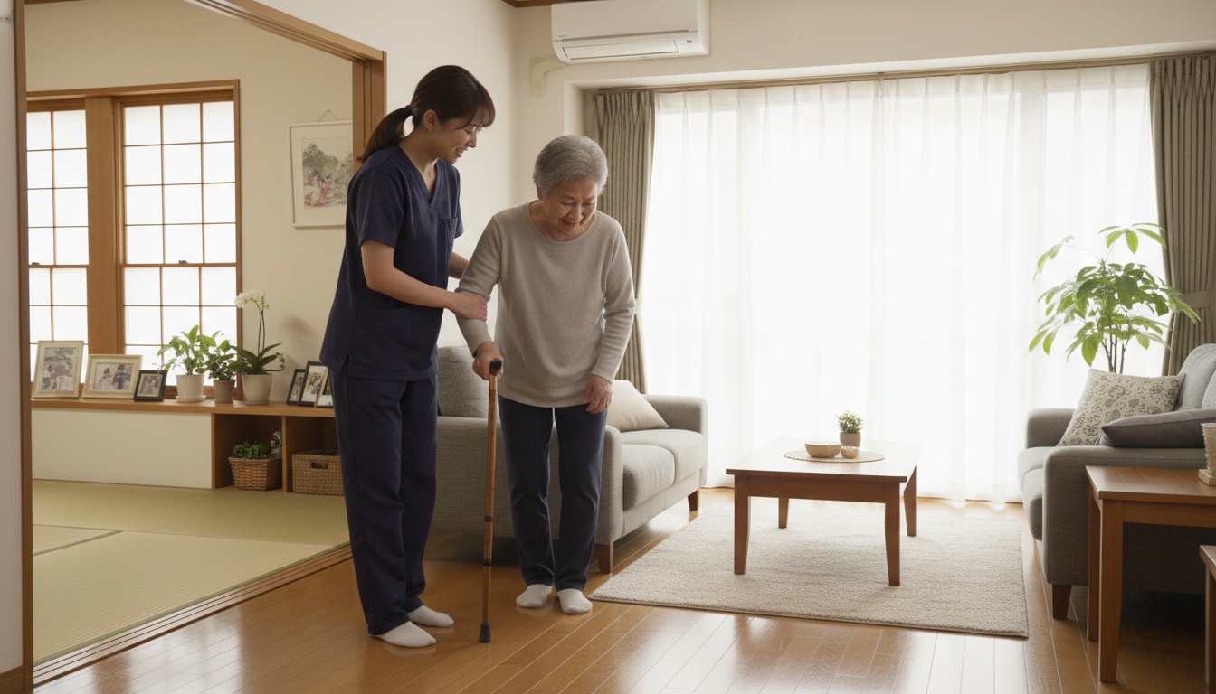 訪問リハビリで理学療法士が高齢者の歩行訓練をサポートしている場面