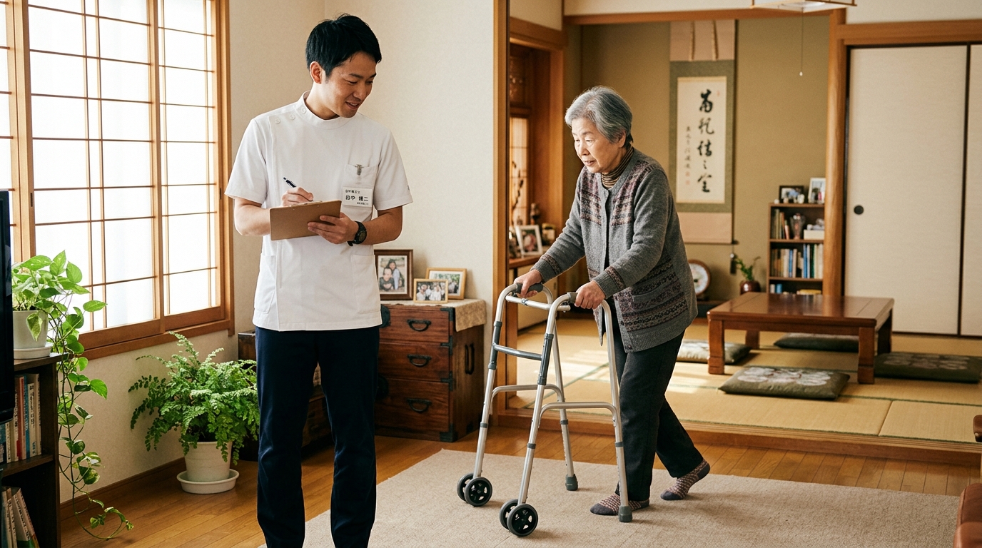訪問リハビリで高齢患者の歩行を見守る理学療法士