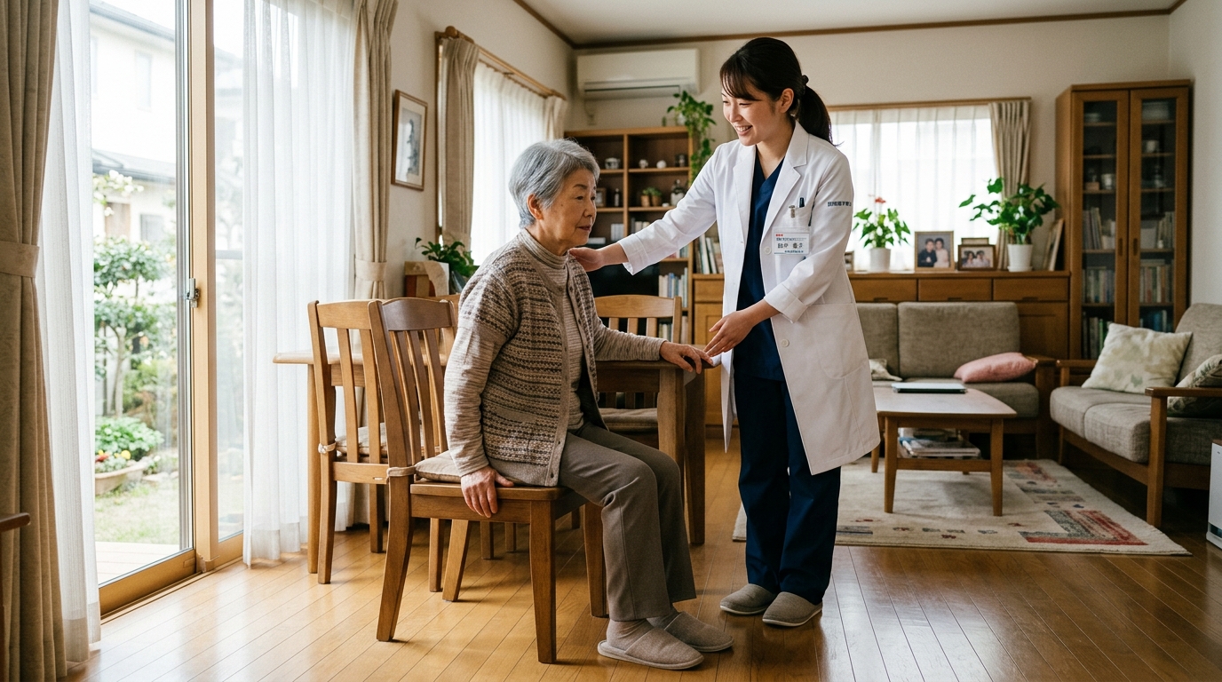 訪問リハビリで高齢患者に寄り添う日本人理学療法士