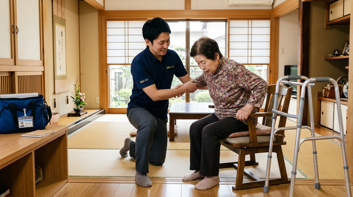 日本人の理学療法士が高齢患者宅でリハビリを行っている様子