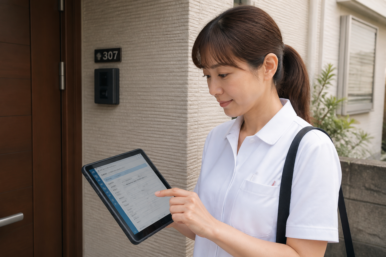 訪問リハビリスタッフが利用者宅前でタブレットに電子カルテを入力する様子