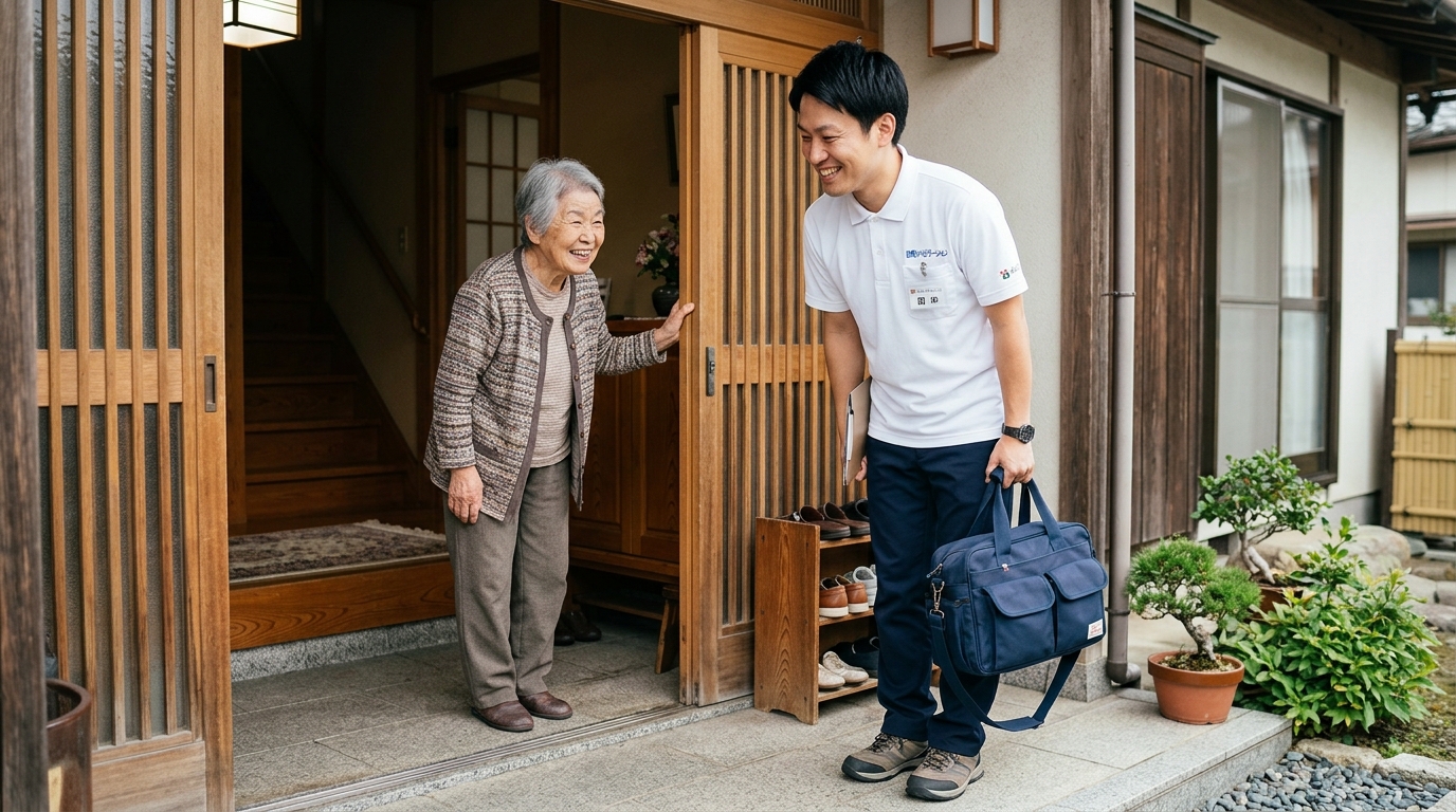 訪問リハビリの現場で高齢者宅を訪問する日本人理学療法士