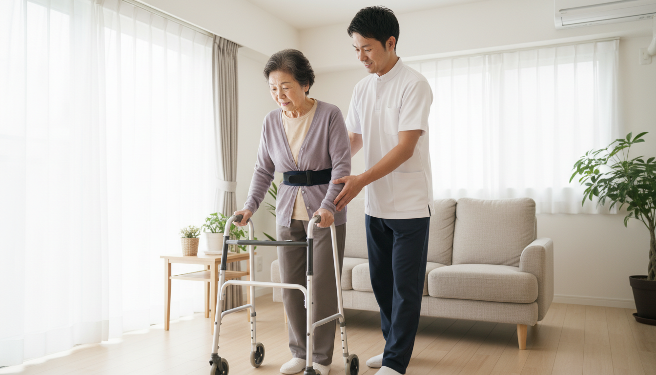 自宅で高齢患者の歩行リハビリを支援する日本人理学療法士