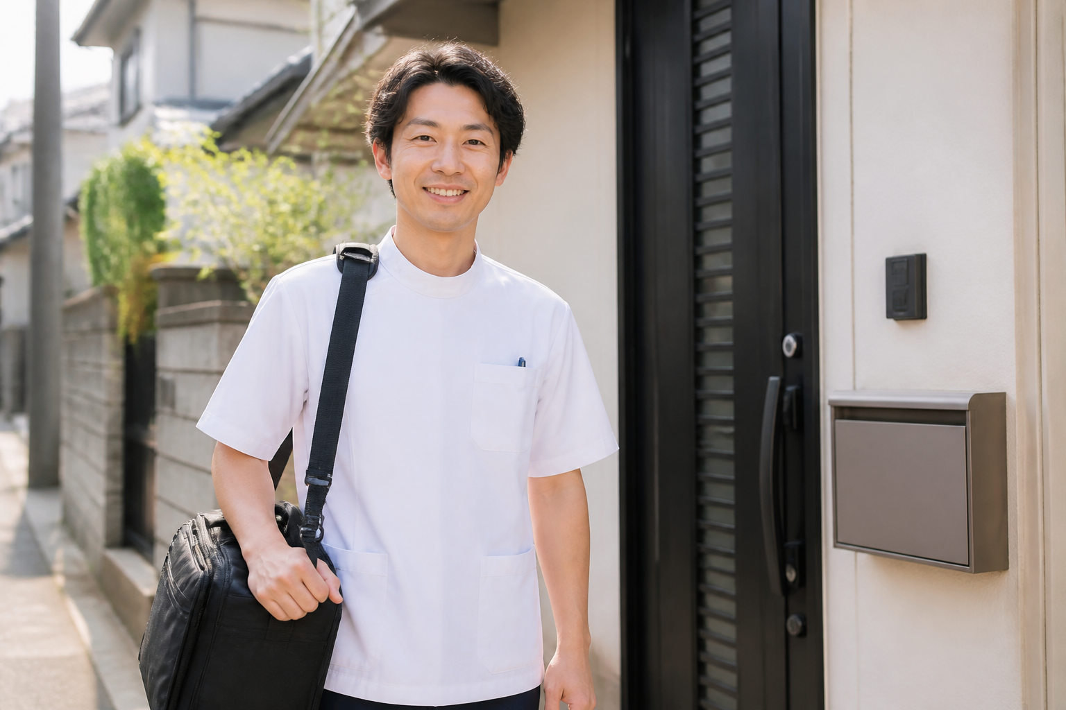 住宅街で訪問リハビリに向かう日本人理学療法士