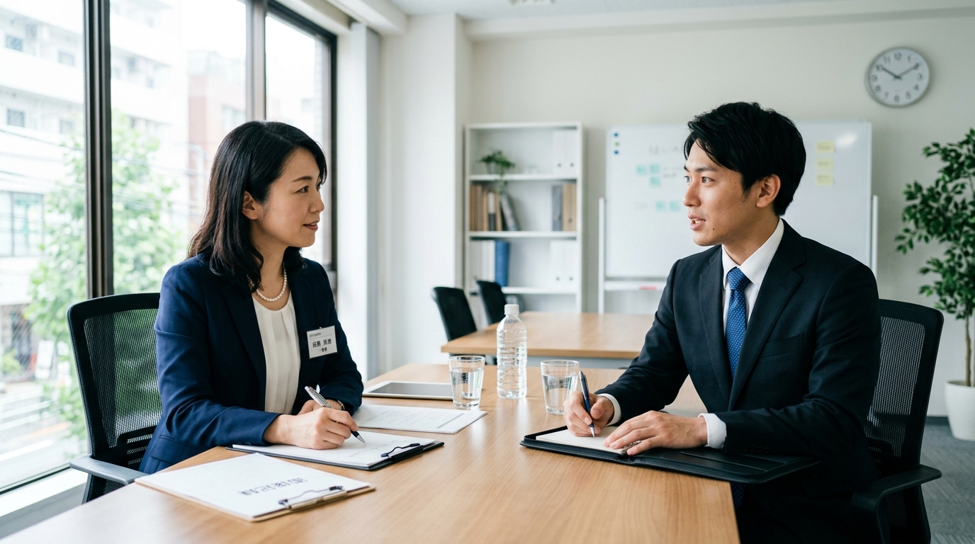 訪問リハビリ事業所の面接で質問を確認する求職者と面接官