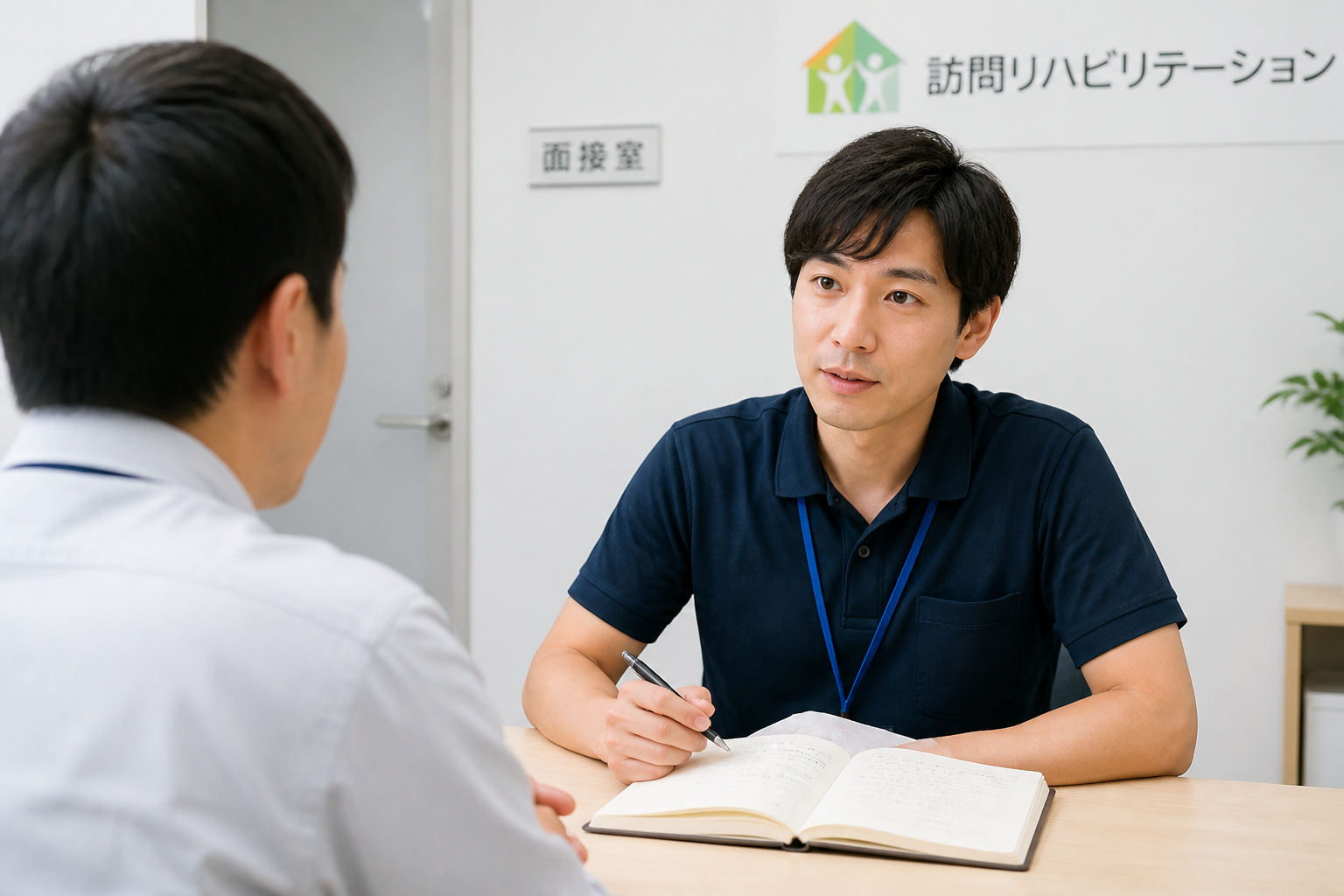 訪問リハビリ求人の面接で確認事項をノートにまとめる理学療法士