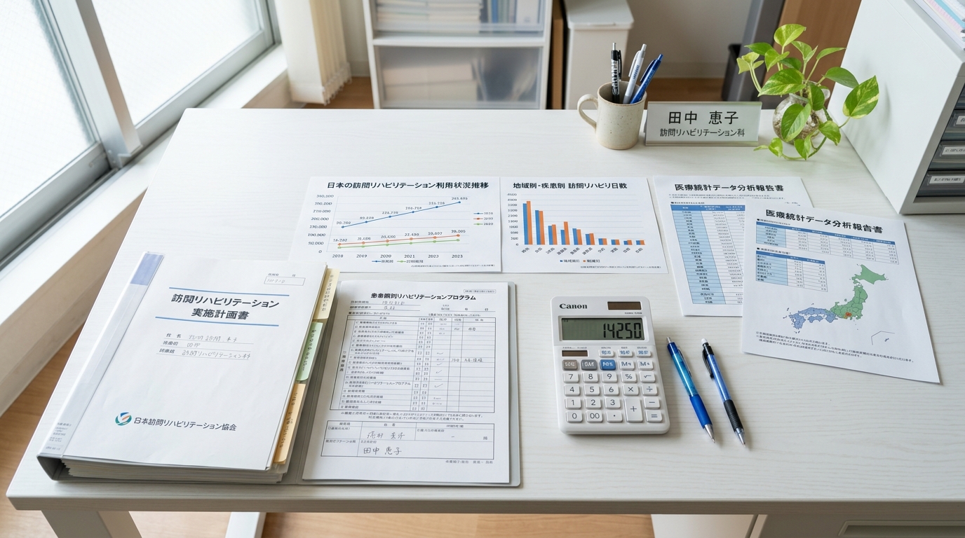 訪問リハビリ市場の需要データと人材需給を示す資料が並んだデスク