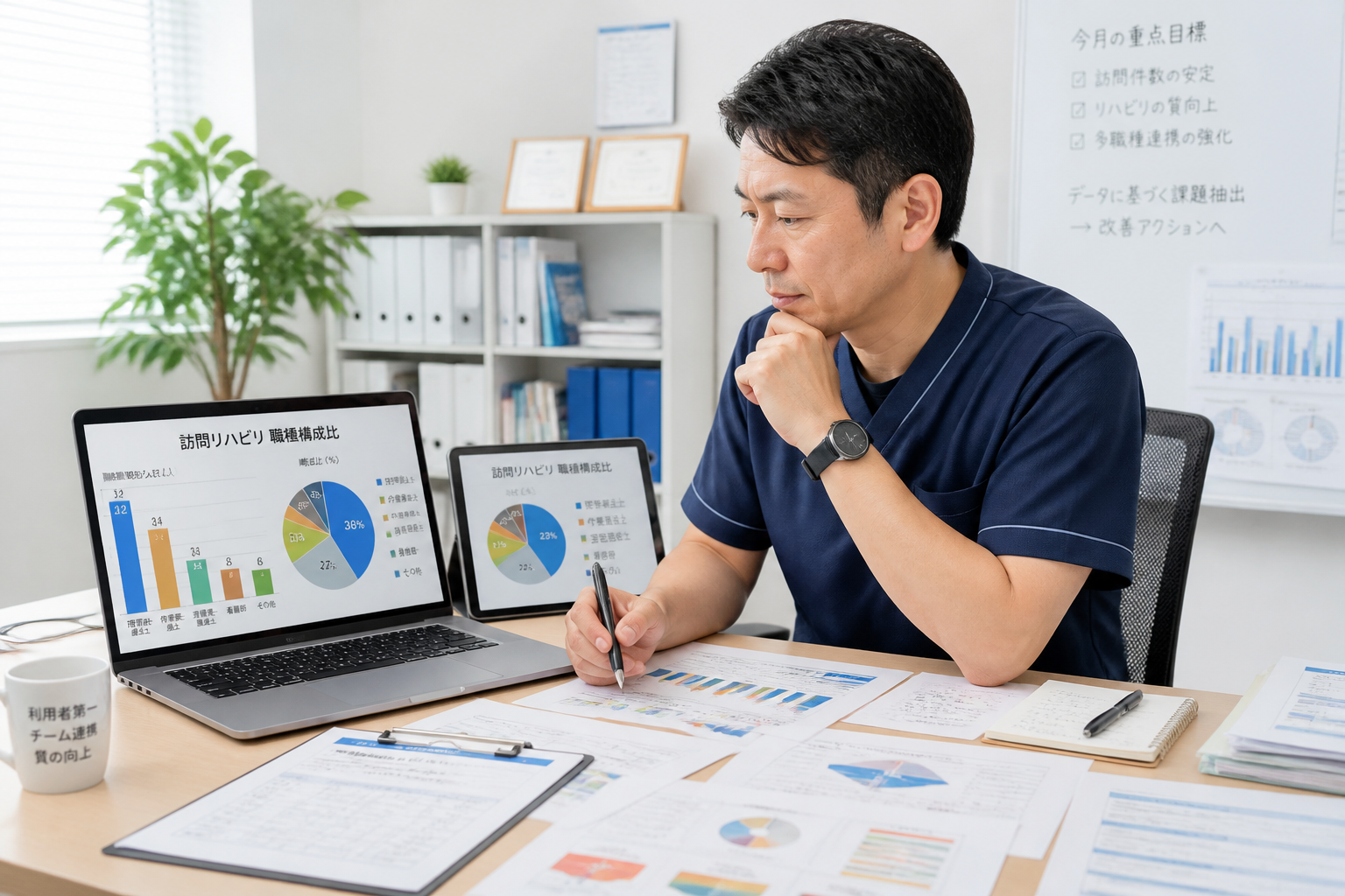 訪問リハビリ市場データを確認する日本人セラピスト管理職