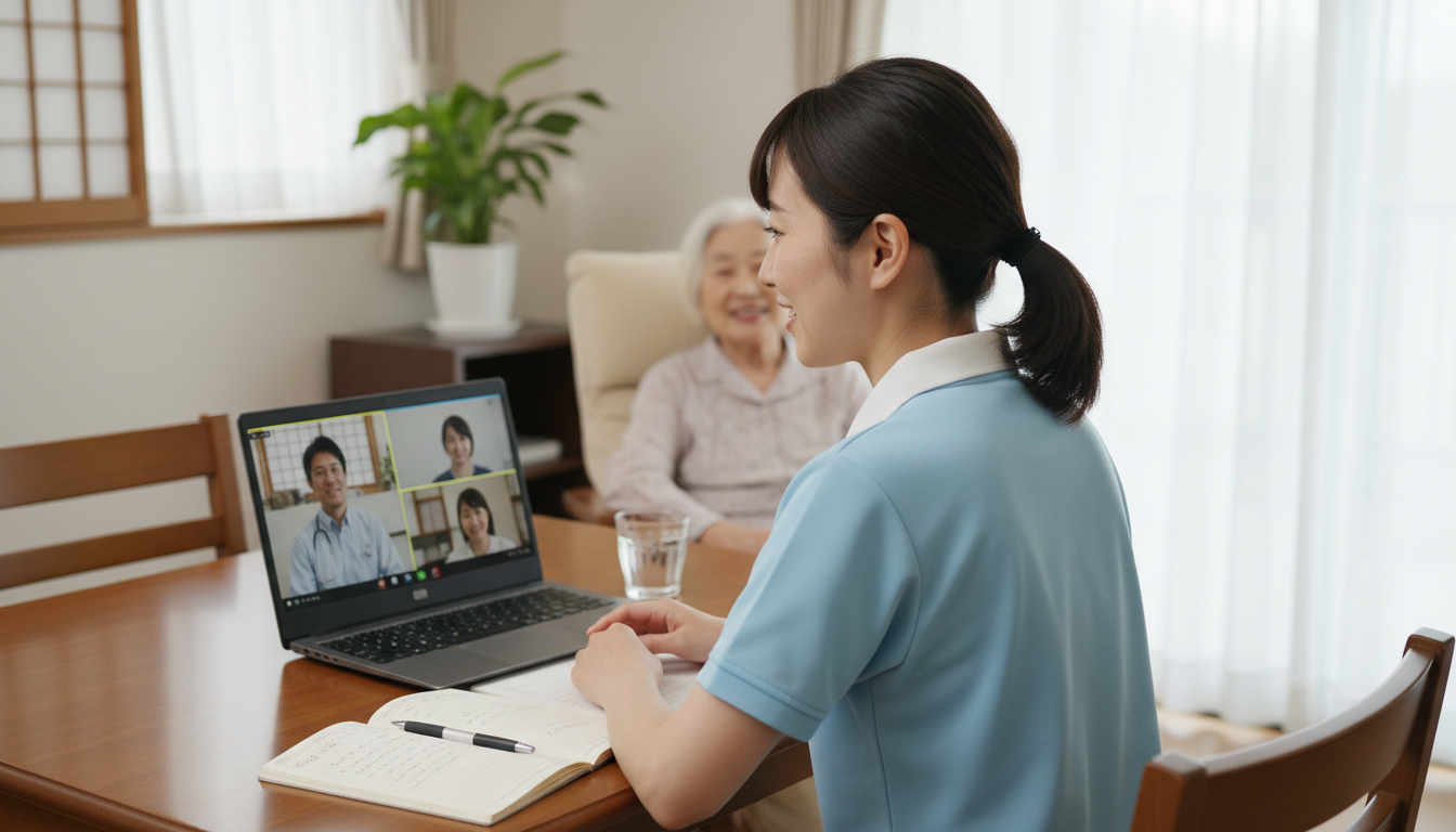自宅で多職種連携カンファレンスに参加する訪問リハビリのセラピスト