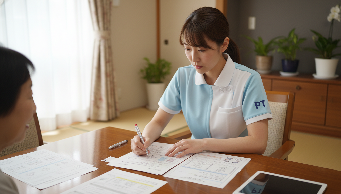 訪問リハビリ担当者が利用者宅でリハビリ計画書を記入している様子