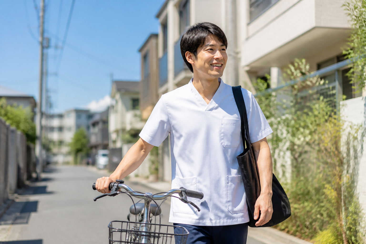 訪問リハビリへ向かう理学療法士が住宅街を自転車で移動している様子