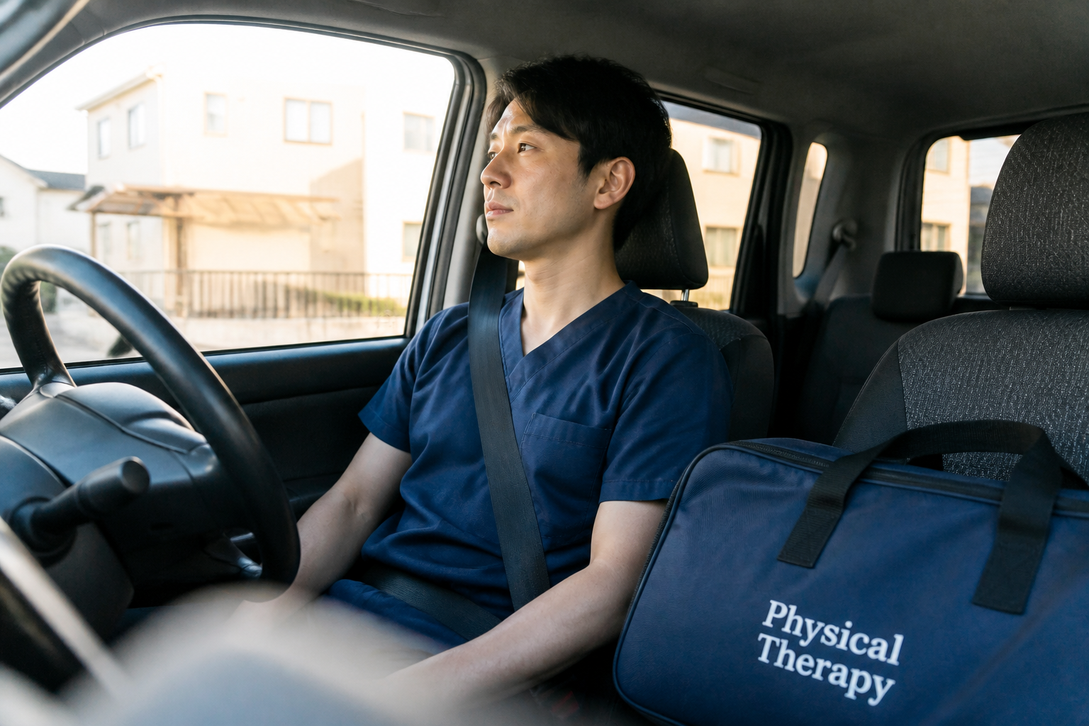 訪問リハビリの仕事に疲れを感じながら車中で考え込む日本人理学療法士
