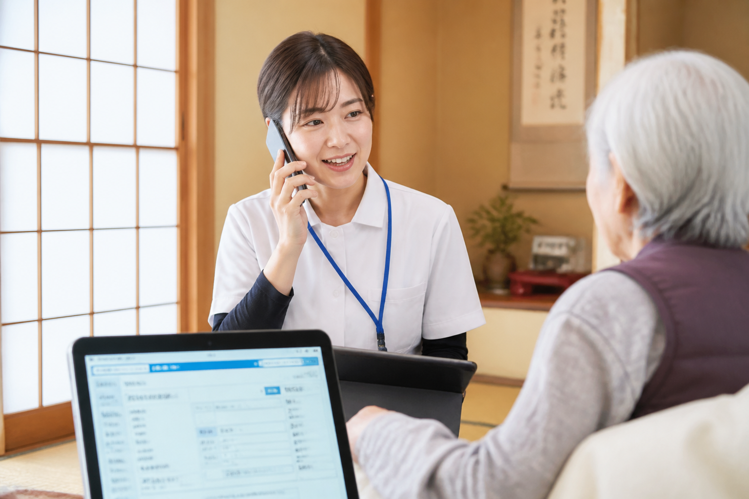 訪問リハビリ中にスマートフォンで医師へ遠隔相談する日本人作業療法士