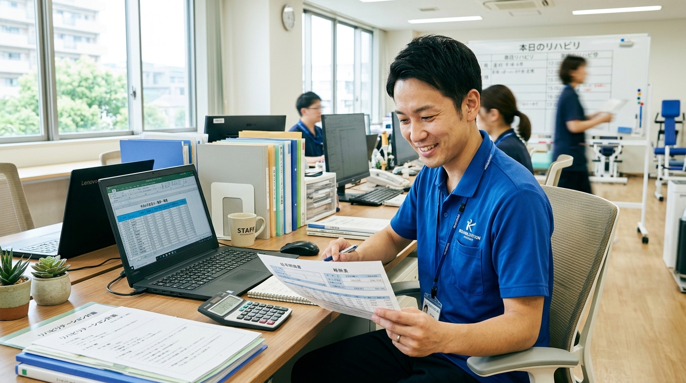 訪問リハビリ職員が給与明細と報酬内訳を確認している様子