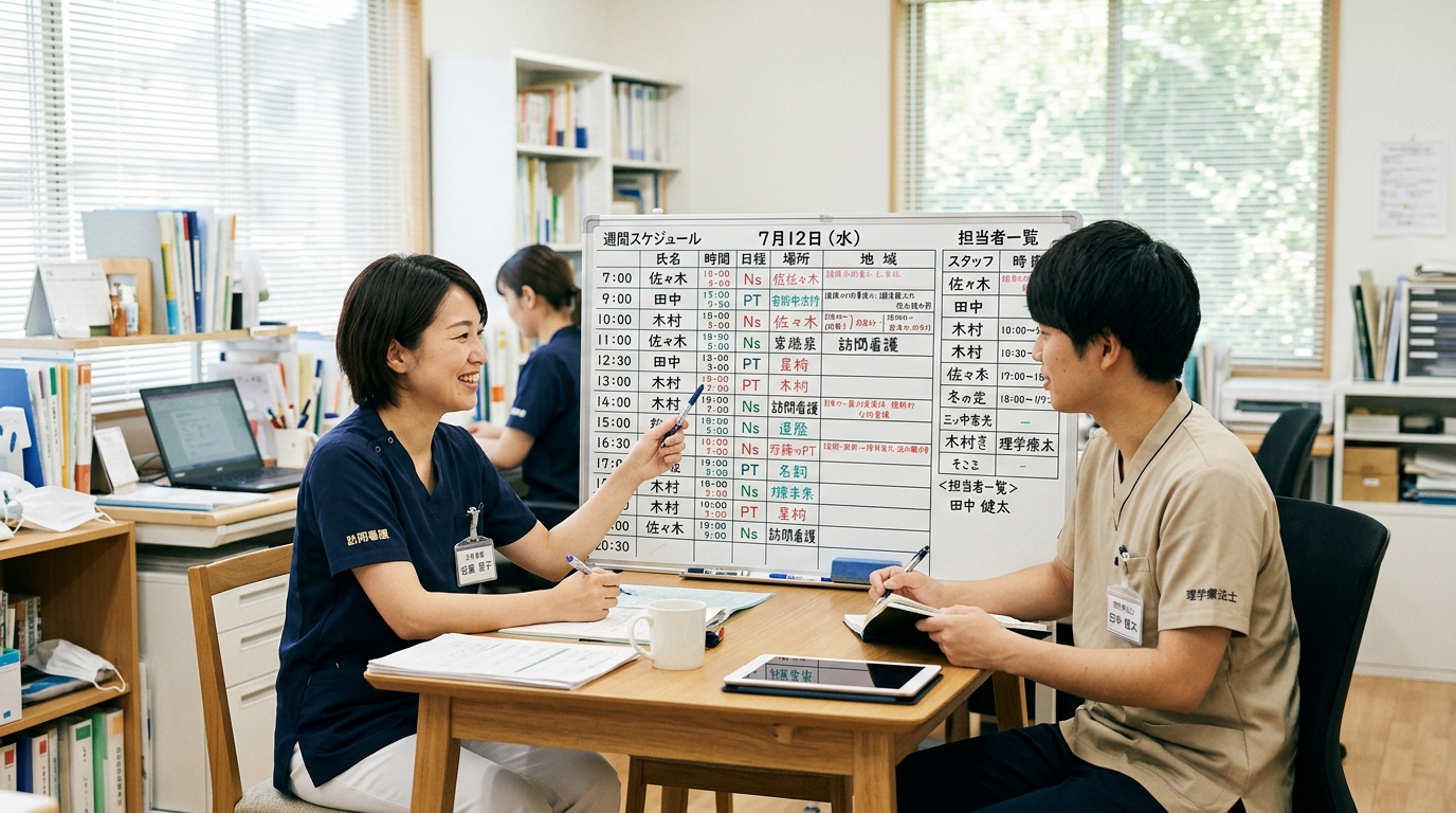訪問看護ステーションで看護師と理学療法士が1日の訪問スケジュールを確認している様子