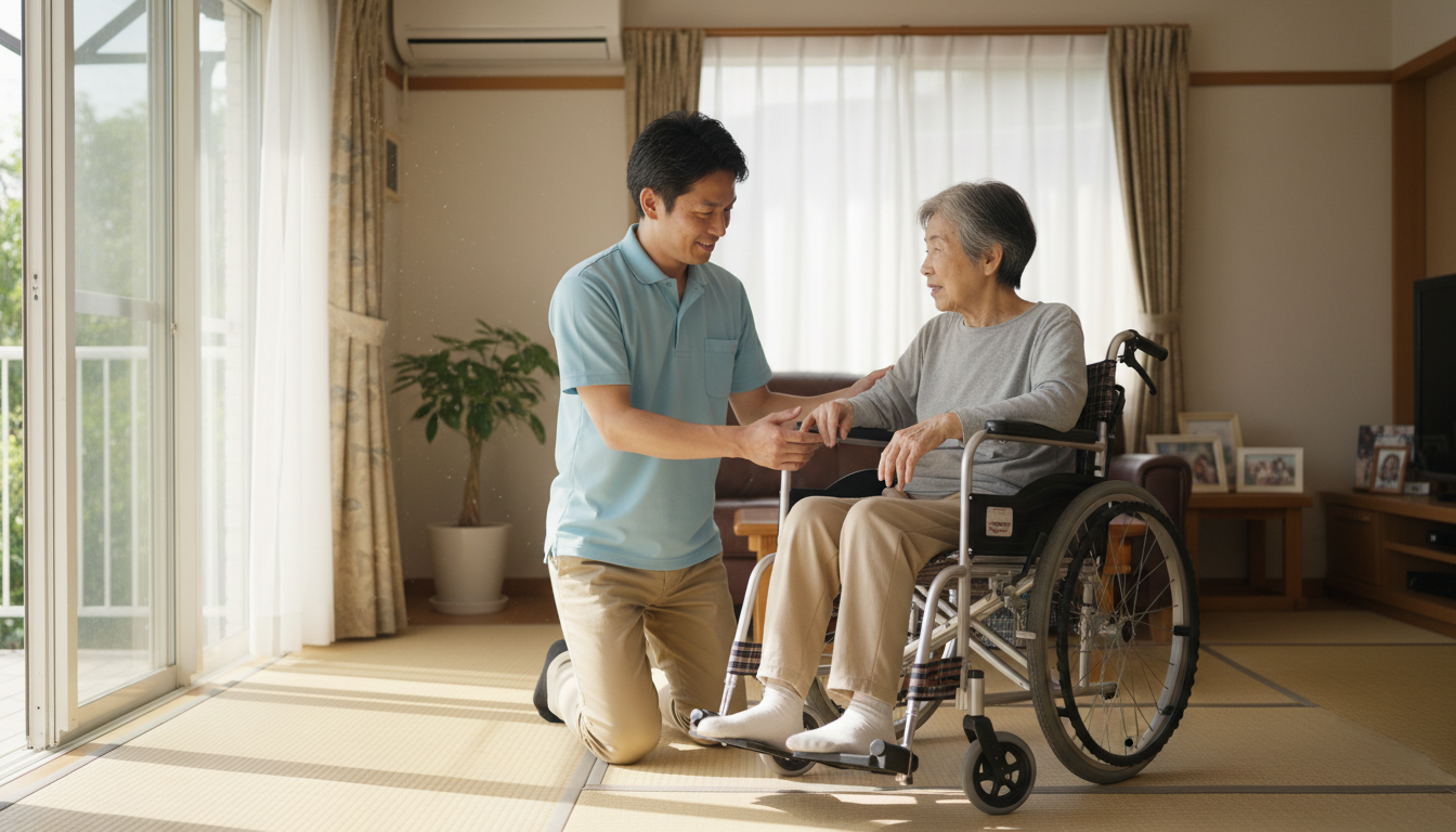 日本の自宅リビングで脳卒中患者に訪問リハビリを行う理学療法士