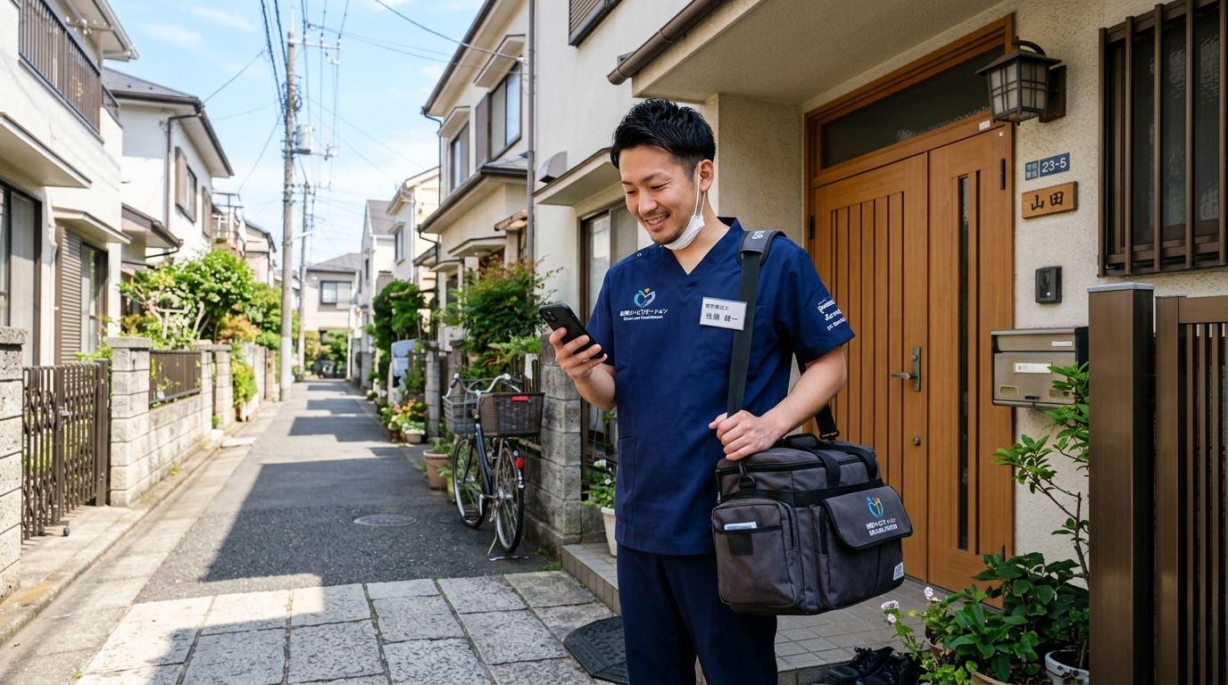 訪問リハビリの合間に次の訪問先を確認する日本人理学療法士