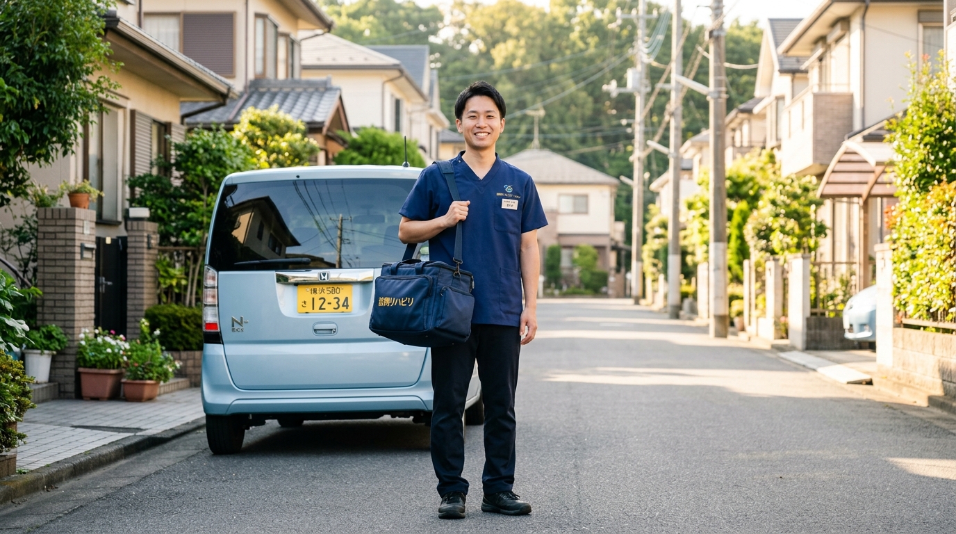 訪問リハビリに向かう理学療法士が住宅街でリハビリバッグを持ち立っている様子
