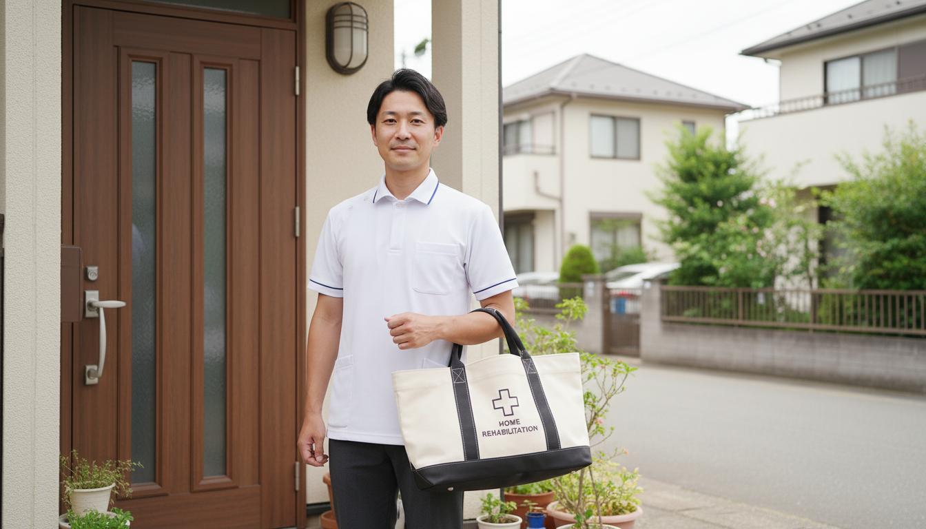 訪問リハビリ担当の理学療法士が高齢者宅を訪問している様子