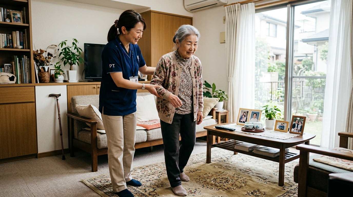 訪問リハビリで高齢者の自宅にて理学療法士がリハビリを実施している様子