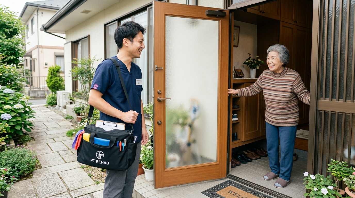 訪問リハビリの理学療法士が高齢者の自宅を訪問している場面