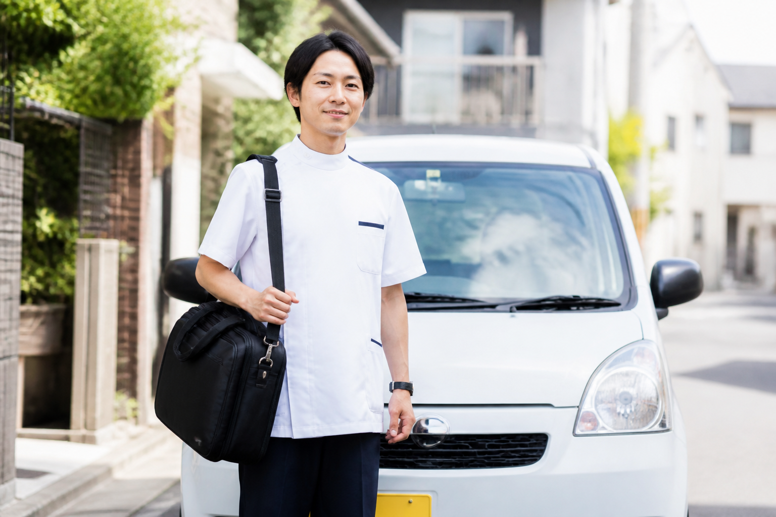 在宅患者のもとへ訪問へ向かう準備をする日本人理学療法士