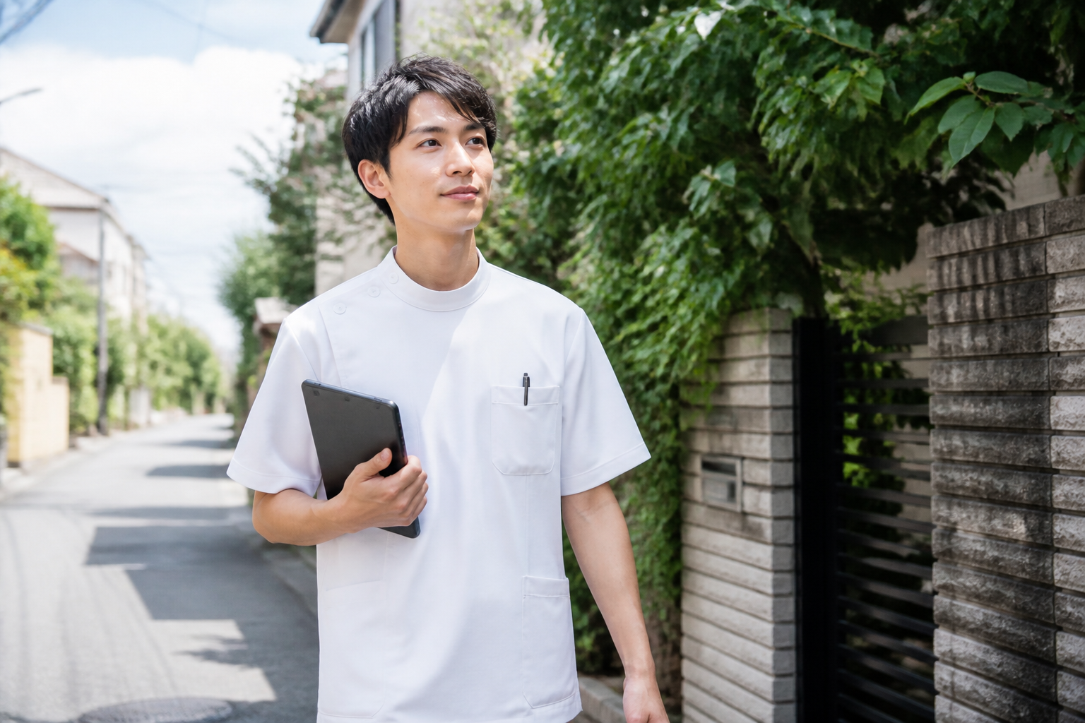 タブレットを持ちながら住宅街を歩く訪問リハビリの理学療法士