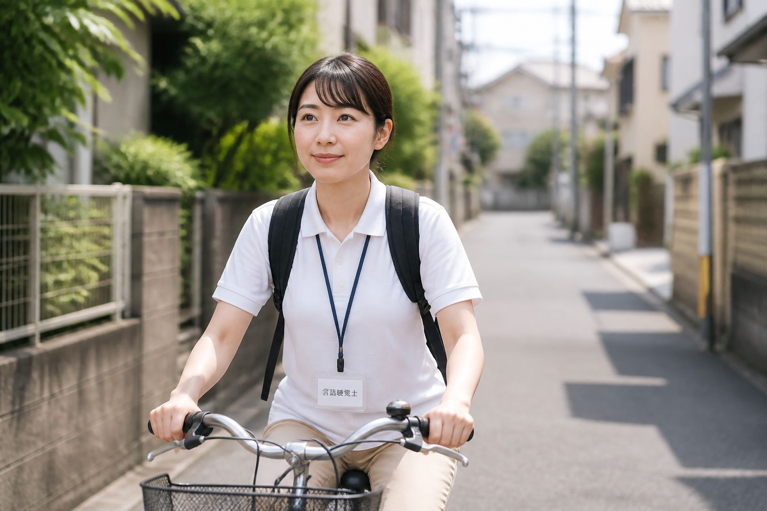 板橋区の住宅街を自転車で移動する訪問言語聴覚士