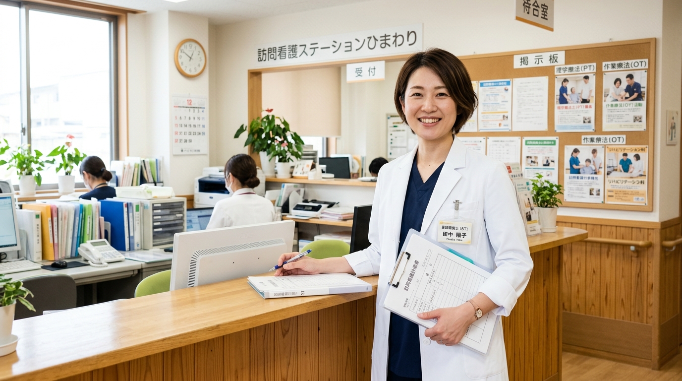 訪問看護ステーションに立つ日本人の言語聴覚士（ST）