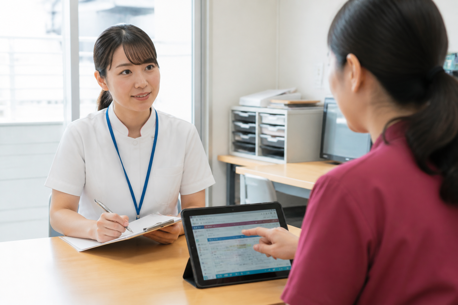 訪問看護ステーションの見学で記録システムの説明を受ける日本人看護師